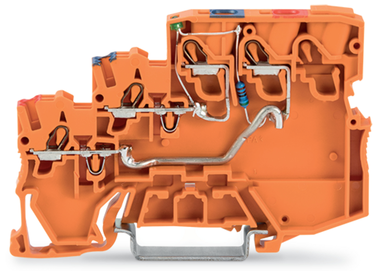 3-conductor sensor supply terminal block; LED (green); Power supply from control panel side; 2.5 mm; Push-in CAGE CLAMP; 2,50 mm; orange