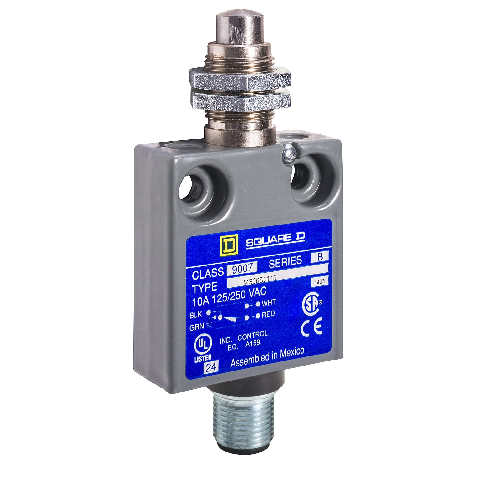 Limit switch, 9007, ms top push plunger, bushing mount, M12 AC bottom