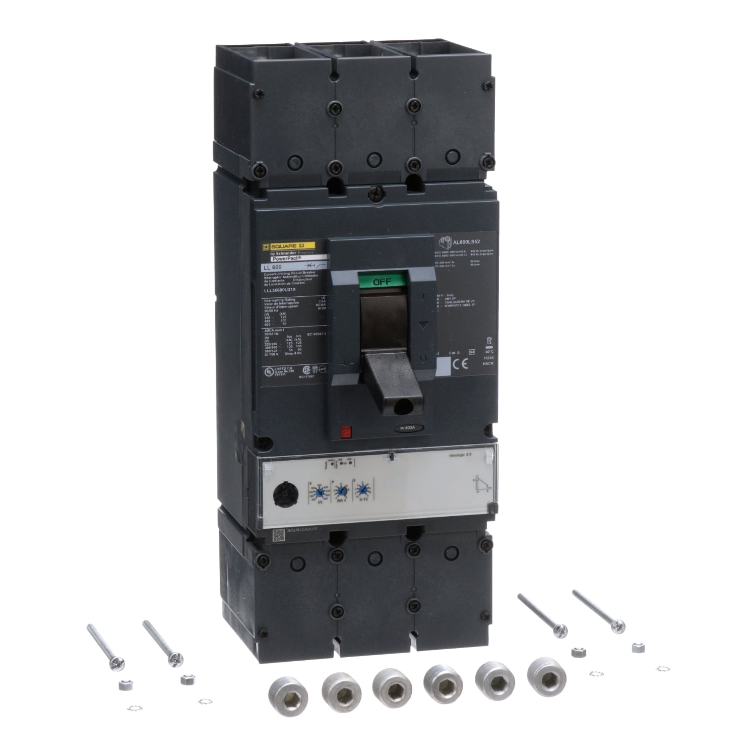 Circuit breaker, PowerPacT L, 600A, 3 pole, 600VAC, 50kA, lugs, MicroLogic 3.3, 80%