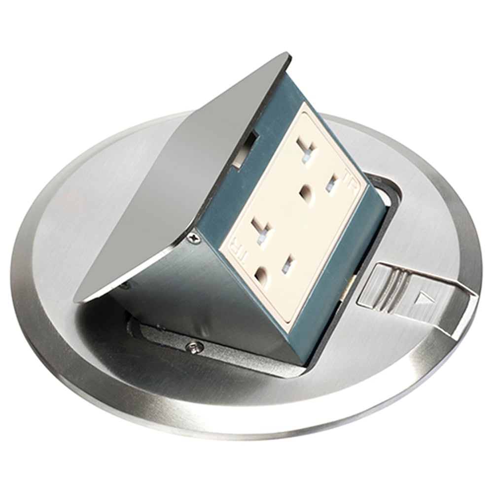6" round popup cover, nickel with tamper resistant, 20 amp receptacle.