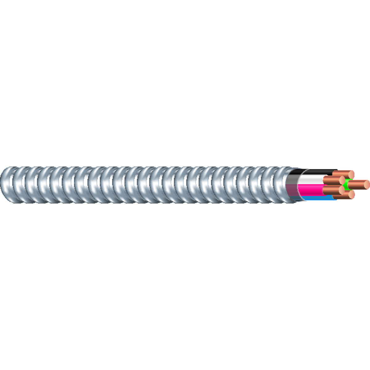 Southwire Armorlite Type MC Cable is constructed with soft-drawn copper  Type THHN/THWN-2 conductors rated 90C dry  and a bare copper grounding conductor for sizes 1/0 AWG and larger. The conductors are cabled together and a binder tape bearing the print legend is wrapped around the assembly. Aluminum interlocking armor is applied over the assembly. Also available in steel. Conductors are black with phase identification. Colors available upon request with economic order quantity.