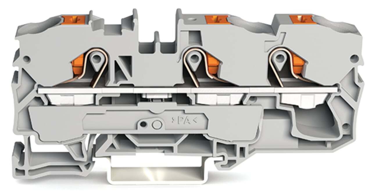 3-conductor through terminal block; with push-button; 10 mm; with test port; side and center marking; for DIN-rail 35 x 15 and 35 x 7.5; Push-in CAGE CLAMP; 10,00 mm; gray