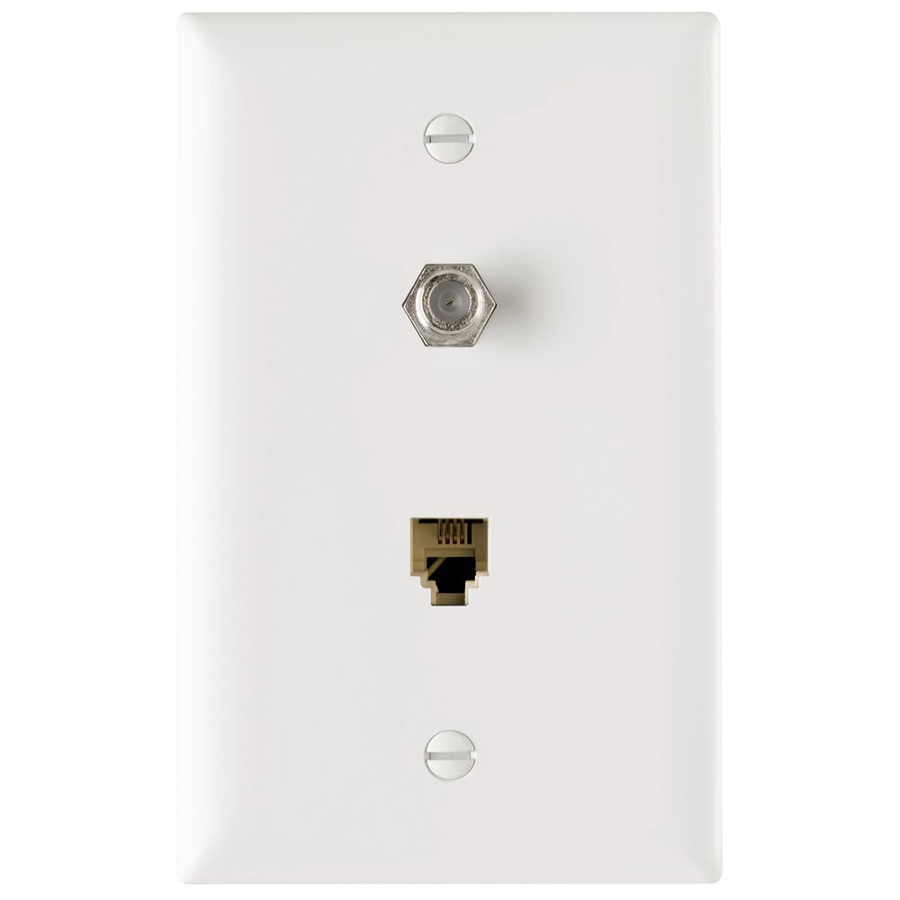 Combination f type coaxial connector and four conductor RJ11 telephone jack. White.