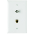Combination f type coaxial connector and four conductor RJ11 telephone jack. White.