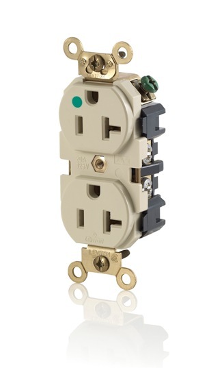 20-Amp, 125 Volt, Wide Body Duplex MRI Receptacle, Straight Blade, Hospital Grade, Self Grounding, Ivory