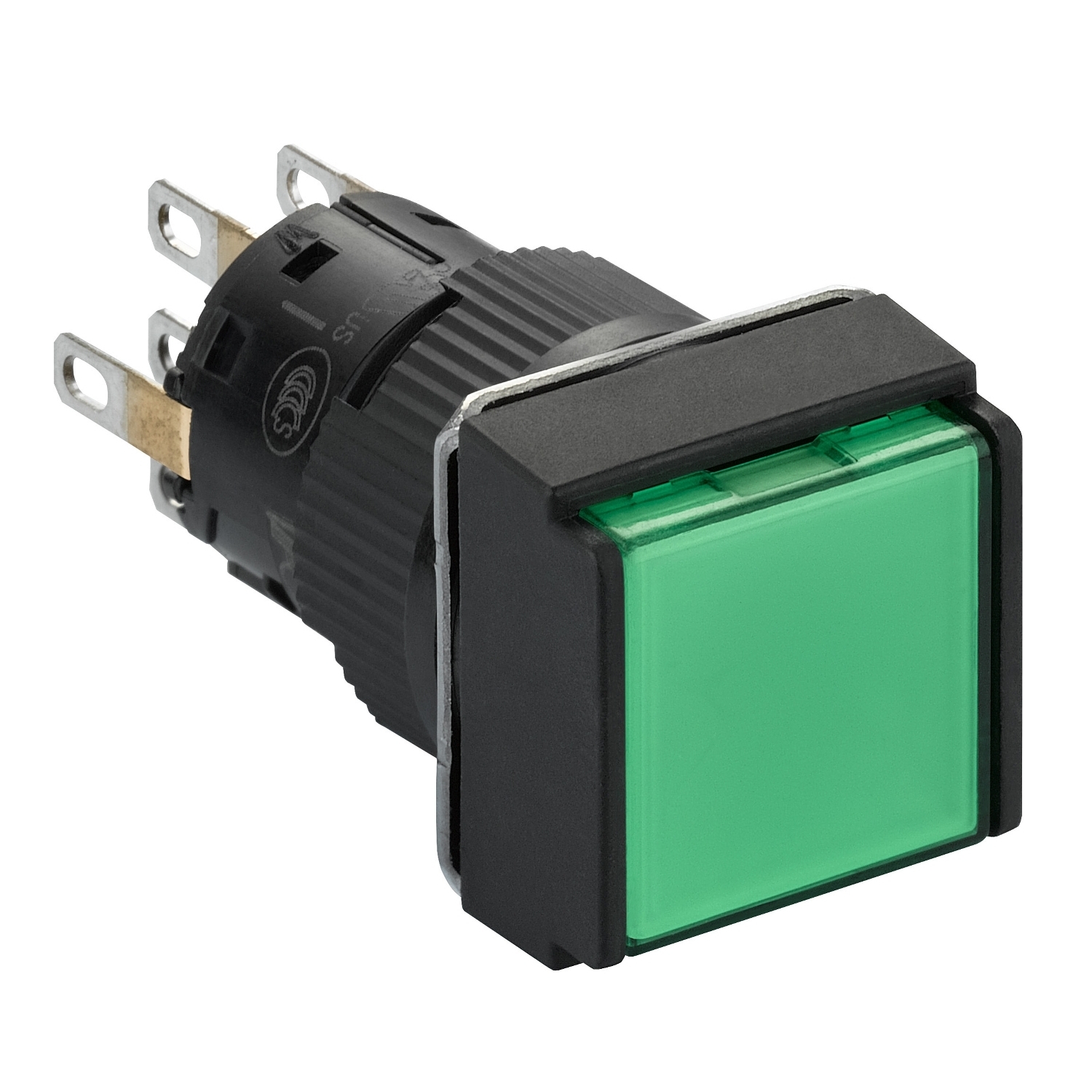 Illuminated monolithic push button, Harmony XB6E, square green flush, 16mm, spring return, 24V DC, 2CO