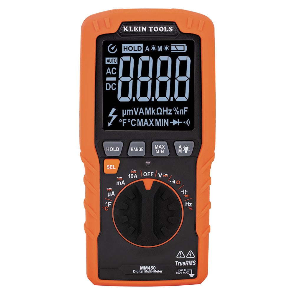 Klein Tools MM450 Multimeter is a TRMS auto-ranging slim multimeter that measures AC/DC voltage, AC/DC current, and resistance. It can also measure temperature, capacitance, frequency, duty-cycle, and test diodes and continuity. It features a high visibility, reverse contrast display with an optical sensor to automatically optimize viewing in dark or bright ambient light. The slim profile of the MM450 makes this meter almost the size of a cell phone and it conveniently fits into most pockets. The MM450 features the same quality leads you have come to expect from the Digital Multimeter line at Klein Tools. Years of field research, combined with extensive input from electricians across America, inspired the development of meters and electrical testers loaded with innovative, time-saving features.