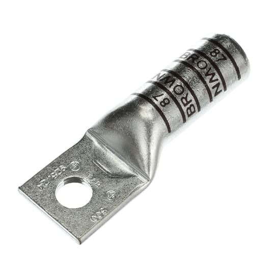 Copper One-Hole Lug, Long Barrel, Blind End, Max 35kV, Wire Size 500 kcmil, 5/8 Inch Bolt Size, Tin Plated, Die code 87, Die Color Code Brown