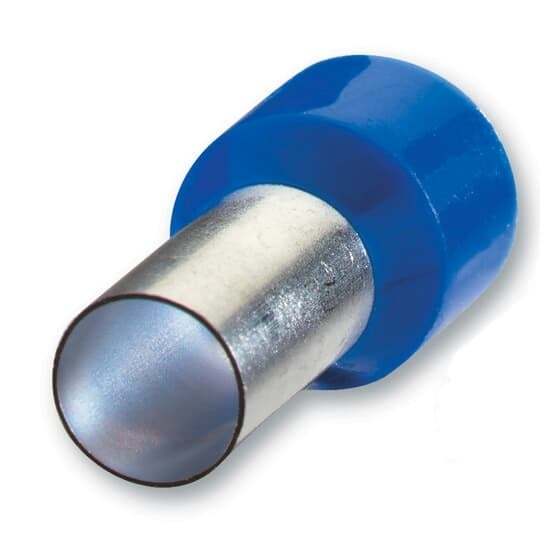 Polypropylene-Insulated Old DIN Ferrule, Total Length .571 Inches/14.5mm, Pin Length .315 Inches/8mm, Pin Diameter .091 Inches/2.3mm, Base Diameter .165 Inches/4.2mm, Wire Range #14 AWG/2.50mm2, Color Blue, Copper, Tin Plated