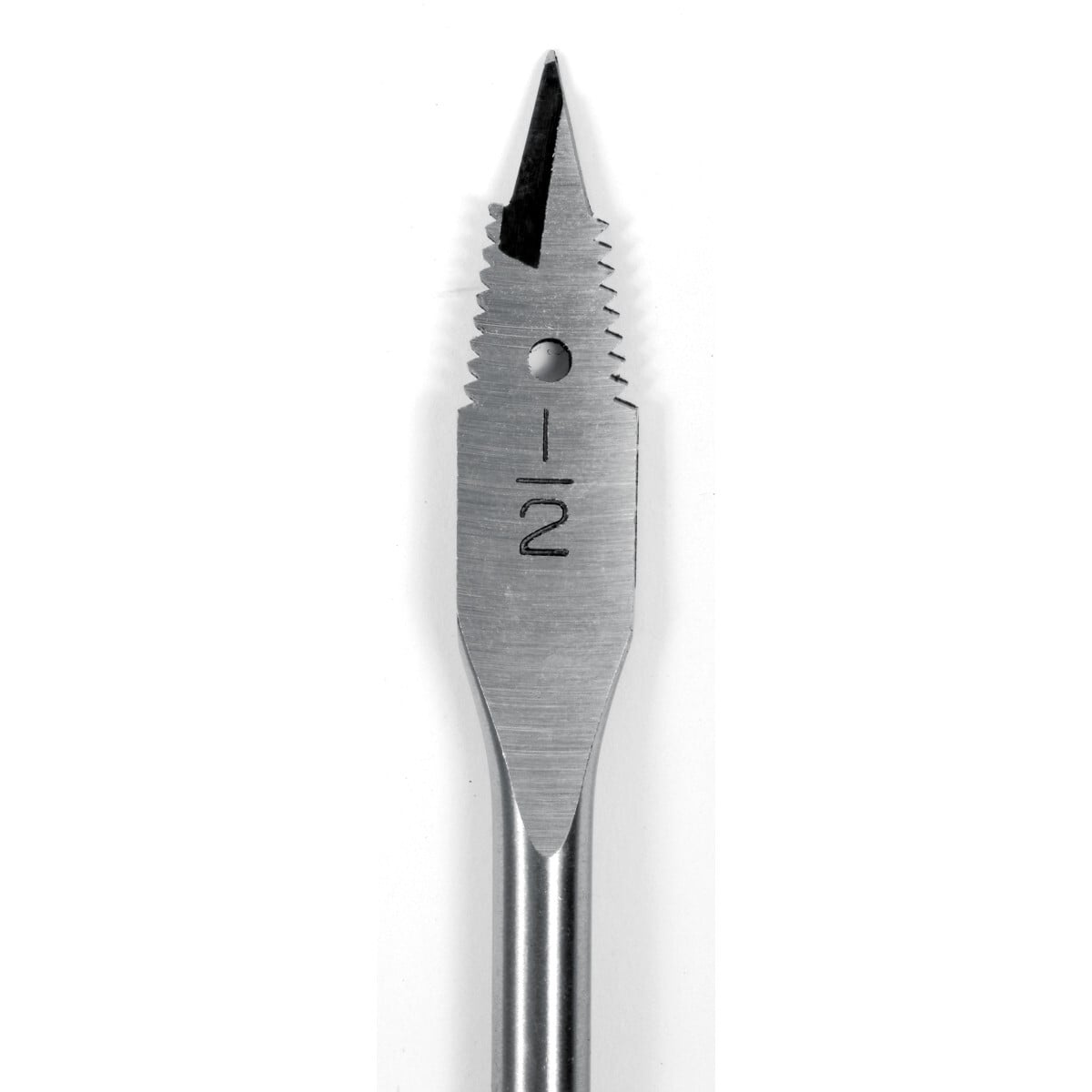 1/2" (12.7) hole diameterBore hardwood, softwood, plywood and drywall.  Innovative self-feeding design requires less effort and reduces vibration.  Unique tapered design allows existing hole enlargement.     1/4" Quick change hex shank.  Forged and heat treated for long life.  For use in 1/4" (6.4 mm) or larger power drills.  Hole in top center of bit for wire pulling.  P.O.P. Packaged.