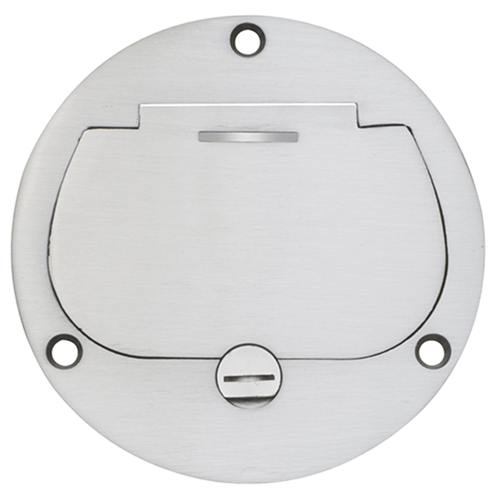 Flush to the floor cut in box kit with nickel plated cover with one flip lid.