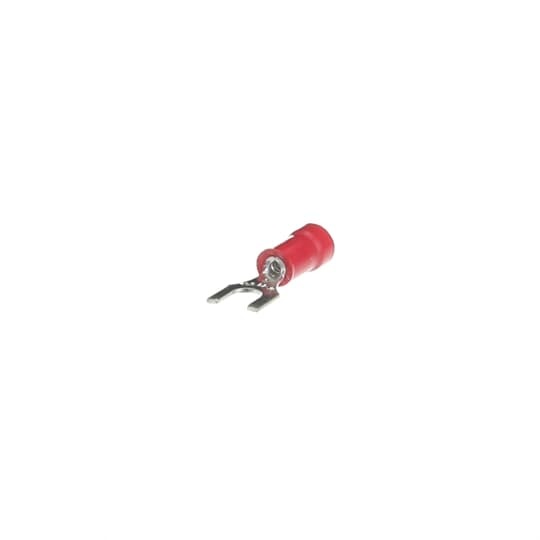 Vinyl Insulated Fork Terminal, Length .97 Inches, Width .31 Inches, Maximum Insulation .150, Bolt Hole #8, Wire Range #22-#16 AWG, Color Red, Copper, Tin Plated