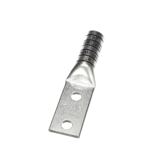 Copper Two-Hole Lug, Long Barrel, Blind End, Max 35kV, Wire Size 500 kcmil, 1/2 Inch Bolt Size, 1-3/4 Inch Hole Spacing, Tin Plated, Die Code 87, Die Color Code Brown