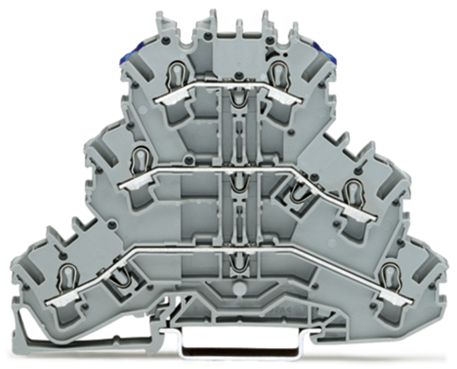 Triple-deck terminal block; Through/through/through terminal block; L/L/N; without marker carrier; suitable for Ex e II applications; Blue conductor entry upper deck; for DIN-rail 35 x 15 and 35 x 7.5; 2.5 mm; Push-in CAGE CLAMP; 2,50 mm; gray