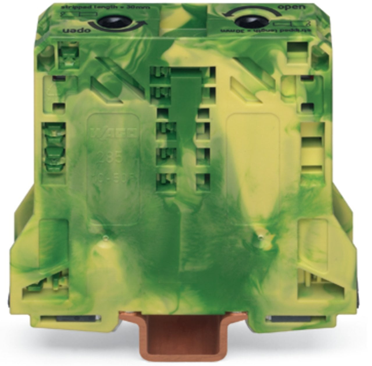 2-conductor ground terminal block; 50 mm; lateral marker slots; only for DIN 35 x 15 rail; 2.3 mm thick; copper; POWER CAGE CLAMP; 50,00 mm; green-yellow