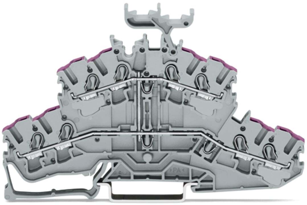 4-conductor double deck terminal block; 8-conductor through terminal block; L; with marker carrier; internal commoning; conductor entry with violet marking; for DIN-rail 35 x 15 and 35 x 7.5; 2.5 mm; Push-in CAGE CLAMP; 2,50 mm; gray