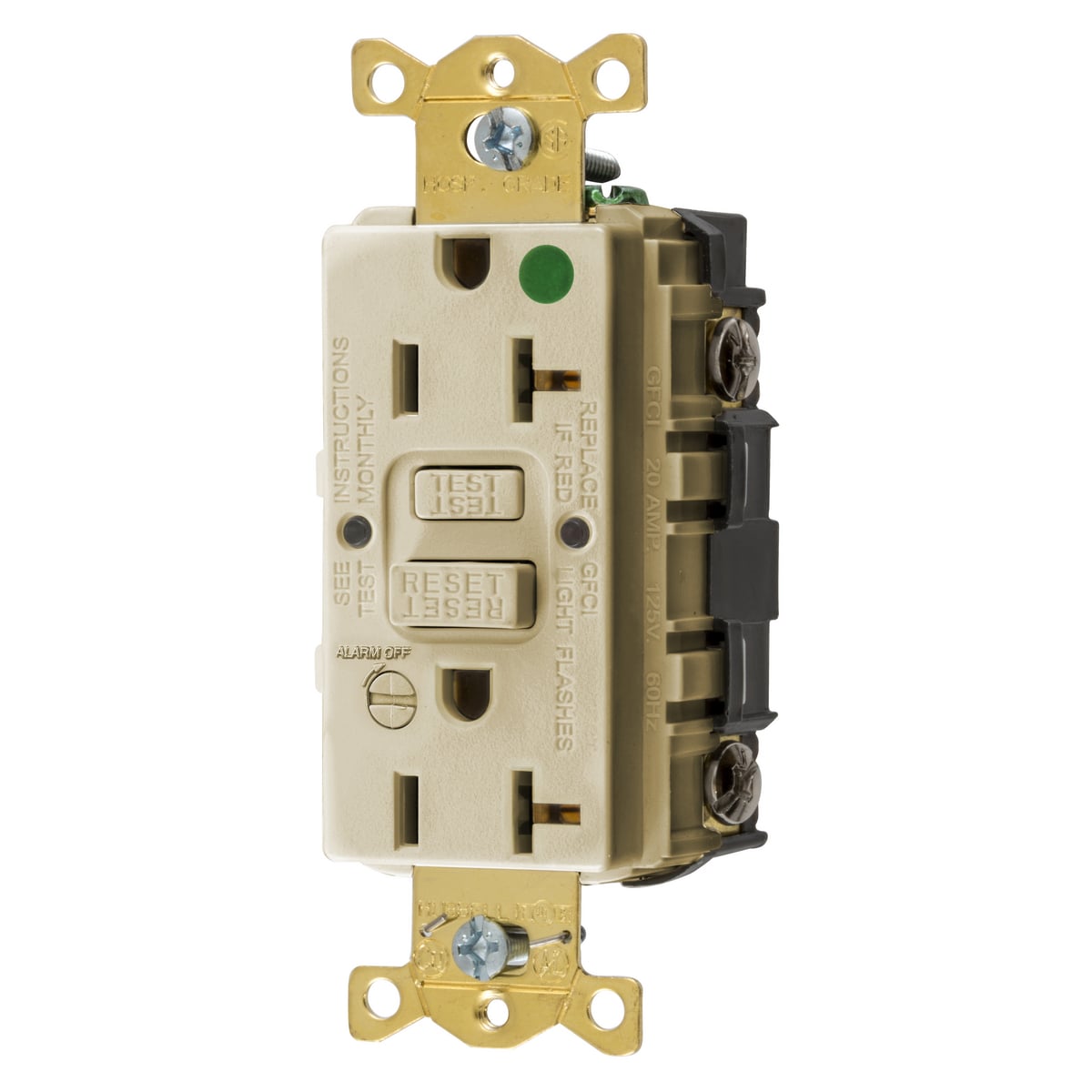 Power Protection Products, GFCI Receptacle, Self Test, Commercial Hospital Grade, 20A 125V, 2-Pole 3- Wire Grounding, 5-20R, With Alarm, Almond