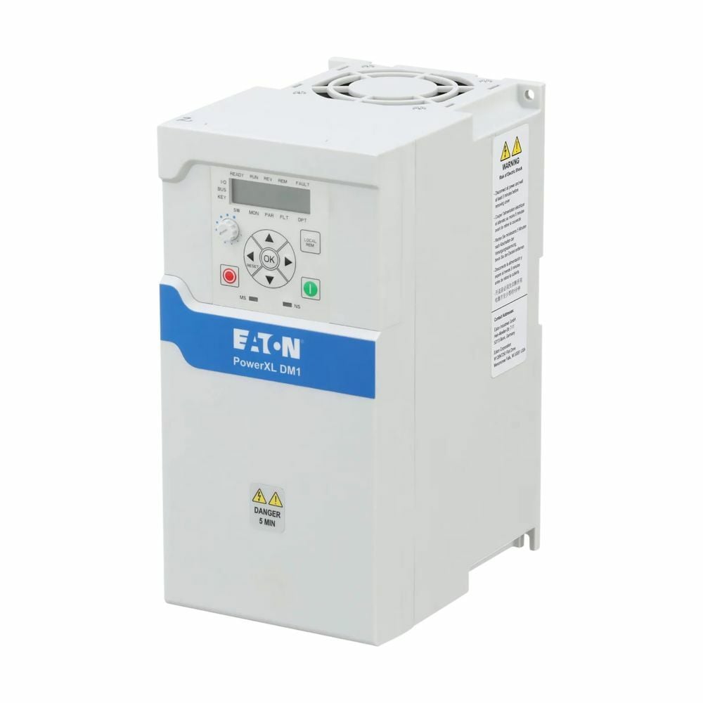 Eaton PowerXL DM1 series micro drive, Single-phase, 230 V, 17 A, Internal brake chopper, Multi segment LCD display, IP20, ST0 SIL2 and ethernet I/P, Modbus TCP onboard