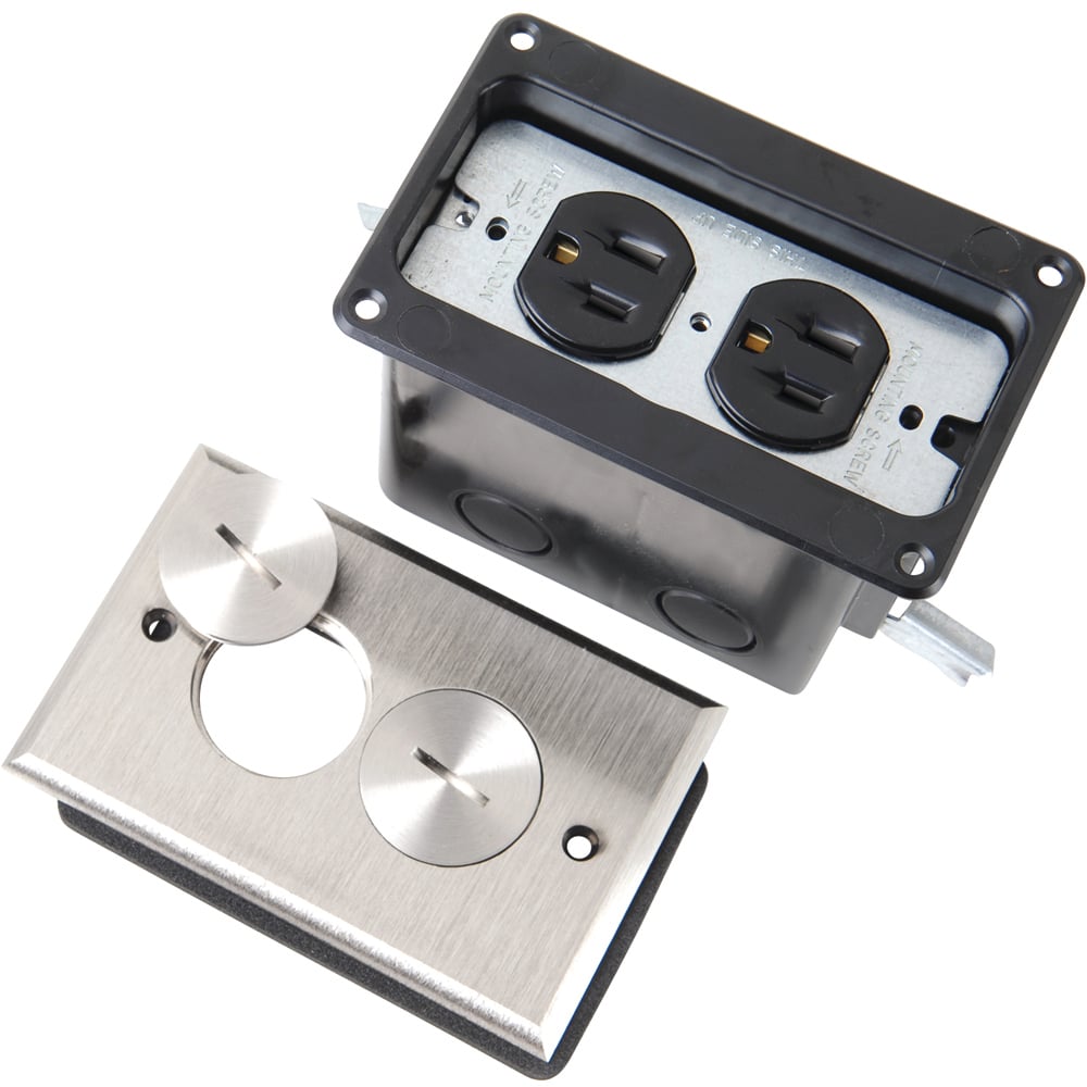 Tamper-Resistant Floor Box Assembly. #8 duplex opening. Two threaded screw plug,Includes 3232 15 amp, 125 volt tamper-resistant receptacle. Nickel.