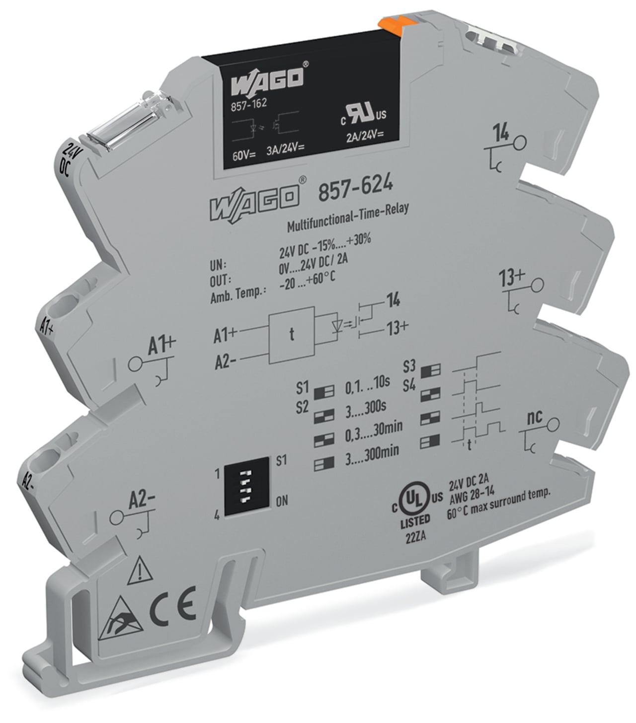 Solid-state timer relay module; Nominal input voltage: 24 VDC; Output voltage range: 0  24 VDC; Limiting continuous current: 2 A; 2-wire connection; Multifunction/Multitime; Yellow status indicator; Module width: 6 mm