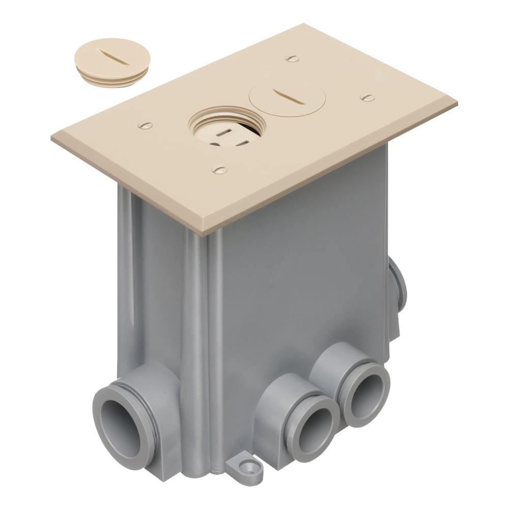 Non Metallic concrete floor box with non metallic covers for new concrete pours. Light Almond with Threaded plugs. Includes Box, Mud Cover, Four 3-1/4 plugs, two 1" plugs, 1/8" spacer 1/4" spacer. one 1/2" spacer, one 3/4" spacer, Mounting bracket, Duplex receptacle, Gasketed cover plate.
