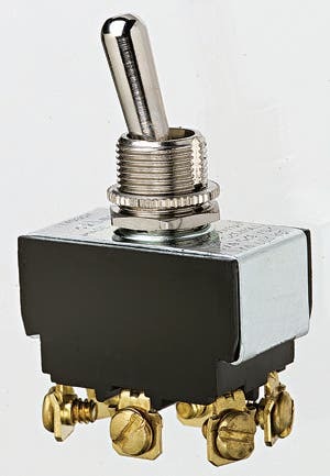 IDEAL, Toggle Switch, Heavy-Duty, On-On, Voltage Rating: 125, 227 VAC, Number Of Poles: 2, Amperage Rating: 20, 10 AMP, Action: DPDT, Connection: Screw, 6 Terminals, Actuator: Toggle, Contact Rating: Factory Tested 100000 Cycles To 21 AMP 14.8 VDC DC Rating, Size: 1.300 IN Length X 0.760 IN Width X 0.800 IN Height, Mounting: 1/2 IN Hole Diameter, Operating Cycles: 100000 Cycles Mechanical Life, Operating Temperature: 32 To 185 DEG F, Dielectric Strength: 1500 V, Finish: Solid Brass/Nickel-Plated Bushings, Hp Rating: 1-1/2 HP At 125 To 250 VAC