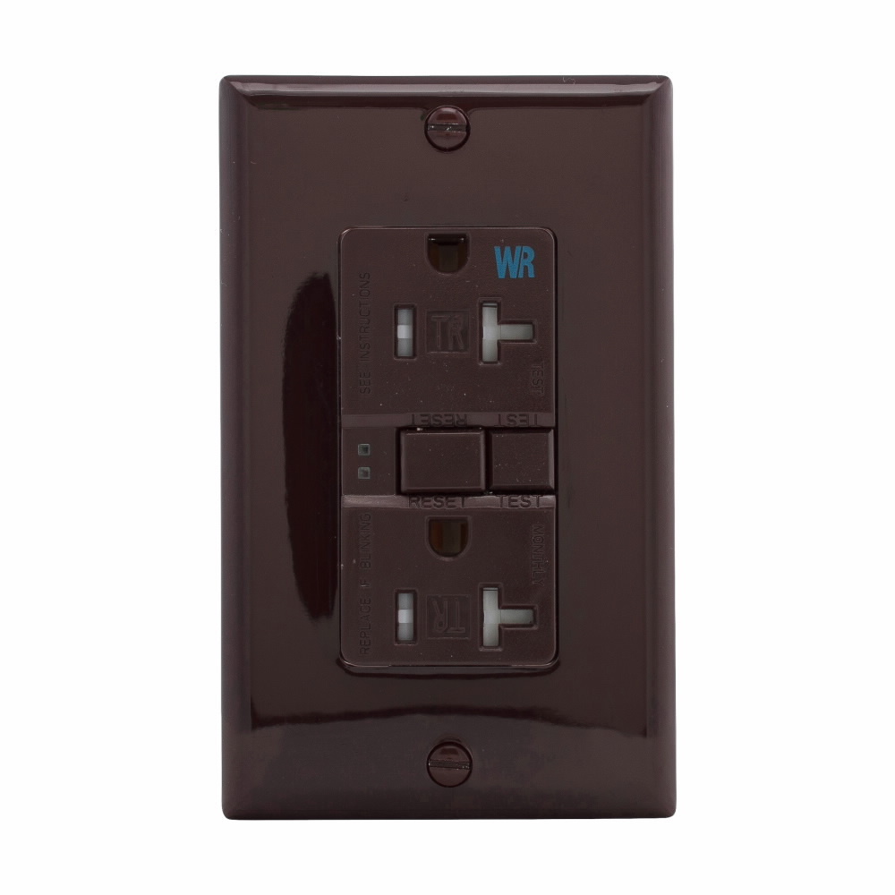 Eaton GFCI receptacle,Weather resistant,Tamper resistant,Self-test,#14 - 10 AWG,20A,Residential,Commercial,Flush,125 V,Back and side wire,Brown,Brass,Tamper and weather resistant,Polycarbonate,5-20R,Two-pole, three-wire, grounding