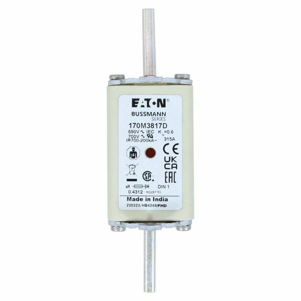 Eaton Bussmann series high speed square body fuse, 700V (UL), 690V (IEC), 315A, 200 kAIC, Combination fuse status indicator, Fuse, Din 43-620 blade end X Din 43-620 blade end, Class aR
