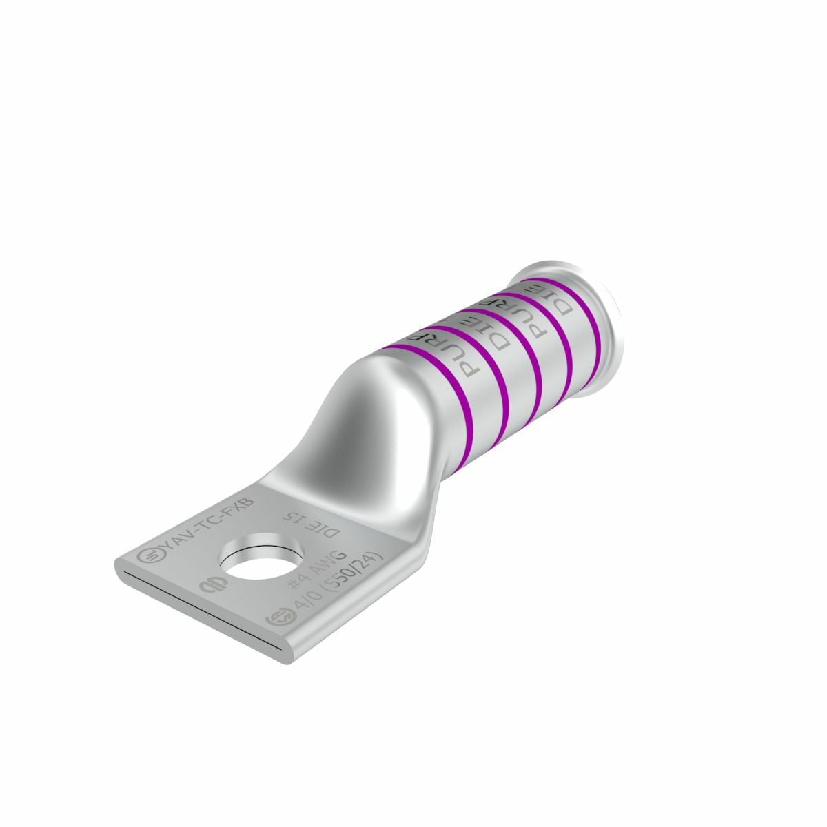 4/0 Flex G,H,I,K,M,DLO, 4/0 AWG CU, One Hole, 3/8 Stud Size, Long Barrel, Bell End, Tin Plated, UL/CSA, 90?C, Up to 35kV, Purple Color Code, 15 Die Index.
