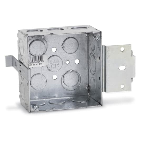 Square Box, 30.3 Cubic Inches, 4 Inch Square x 2-1/8 Inch Deep, 1/2 Inch and 3/4 Inch Eccentric Knockouts, Pre-Galvanized Steel, Welded Construction, MS Bracket, for use with Conduit