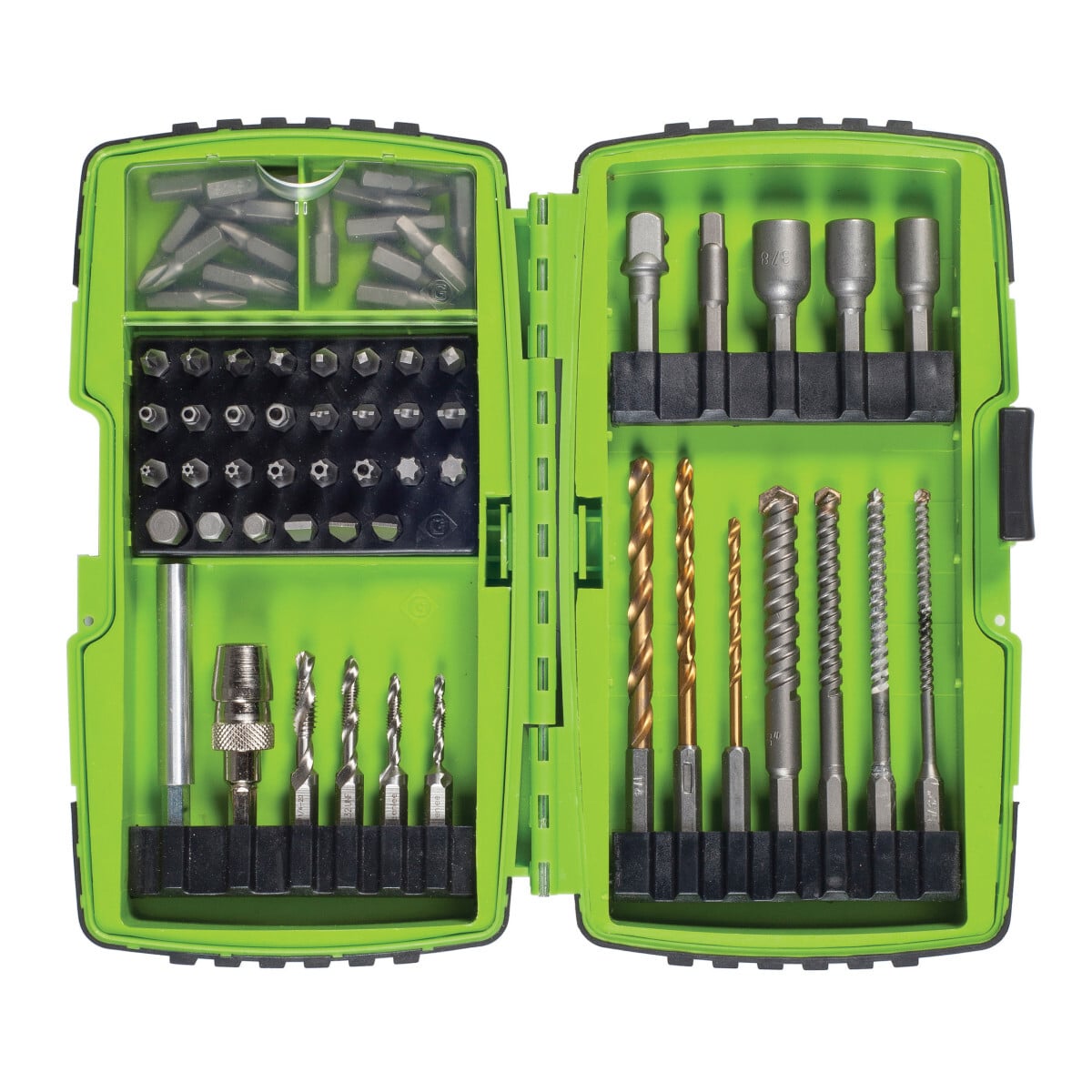 1/4 IN Quick Change technology.  Professional grade driver bits.  Titanium Nitride coated self-centering high speed drill bits.  High quality shock resistant case stays intact even after accidental drops.  Hammer drill rated carbidegrade tips and hardened shankmasonry drill bits.  Hardened forged magnetic nut drivers fit most TapCon fasteners.  Quick release chuck with precise fit.  Includes security bits that fit most security fasteners frequently used in public facilities.