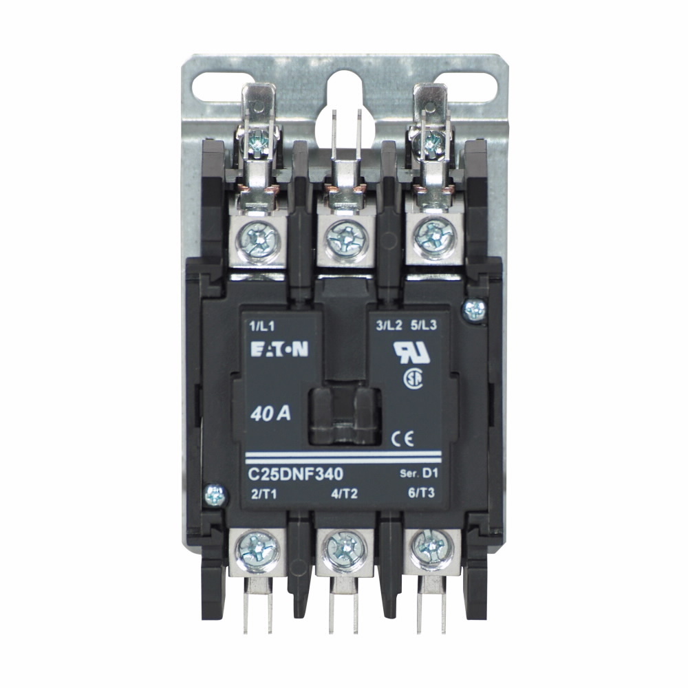 Eaton definite purpose contactor, Quick, 50A, 24 Vac, 50/60 Hz, Open with metal mounting plate, 15-50A, Contactor, Three-pole, 65A, Box lugs (posidrive setscrew) and quick connect terminals (side-by-side), Non-reversing