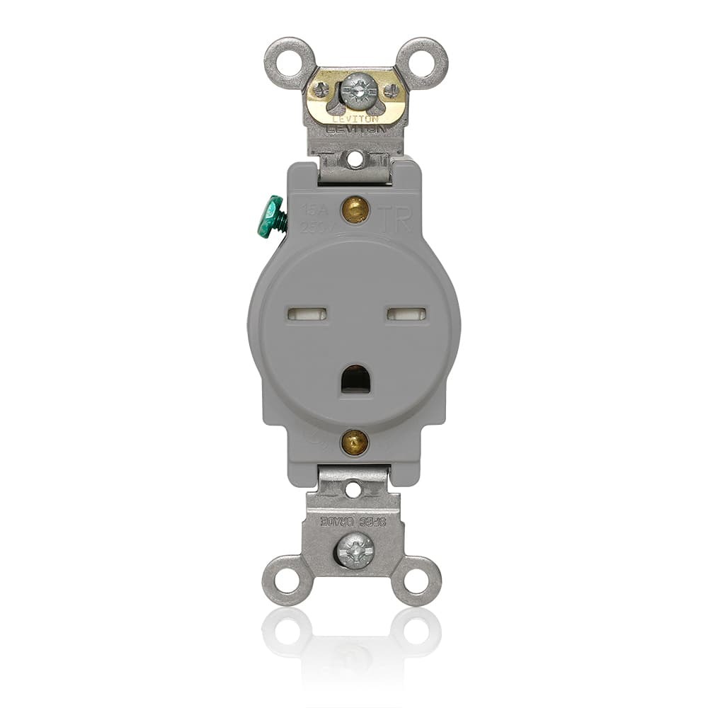 Single Receptacle Outlet, Heavy-Duty Industrial Specification Grade,  Tamper-Resistant, Smooth Face, 15 Amp, 250 Volt, Back and Side Wire, NEMA 6-15R, 2-Pole, 3-Wire, Self-Grounding - Gray