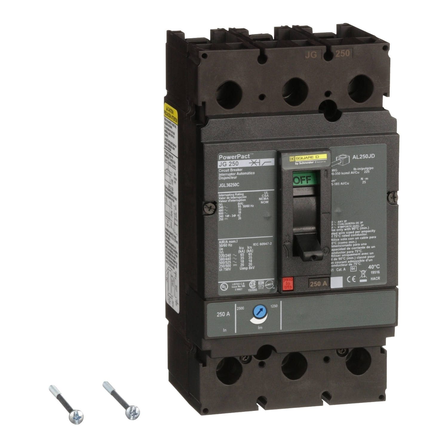 Circuit breaker, PowerPacT J, 250A, 3 pole, 600VAC, 18kA, lugs, thermal magnetic, 100%