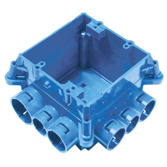Non-metallic mud box with two gang ring, ground lug and 12 integral connectors. 44.0 Cubic Inch Capacity.