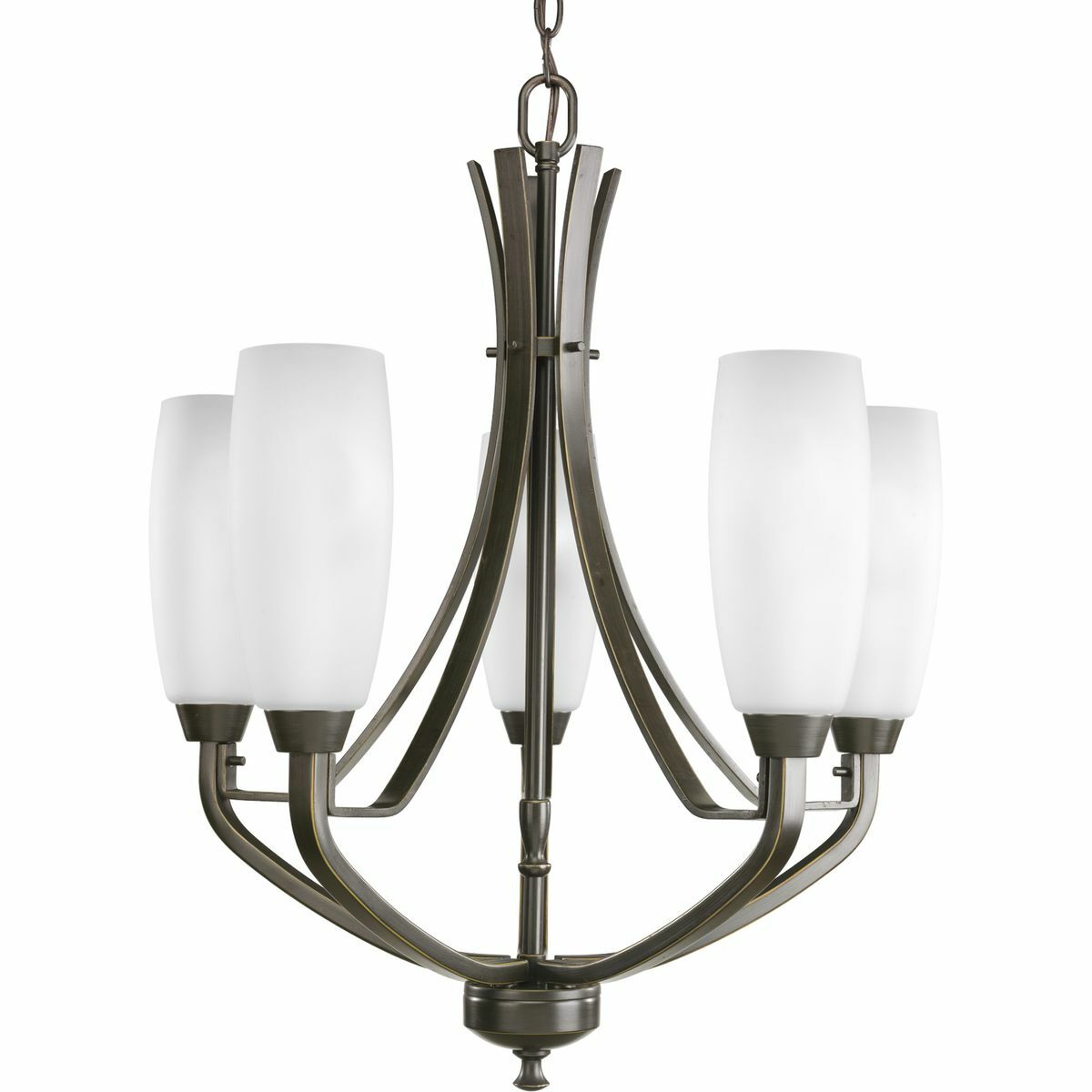 Five-light chandelier is characterized by its unique tulip-shaped glass shades and bold, sculptural design. Rectangular arms flow through the fixture and consist of strap accents. Etched white glass brings out the beauty for this Antique Bronze fixture while also providing ideal illumination. Wisten Collection can be used to update a single room or an entire home to create a designer coordinated look.