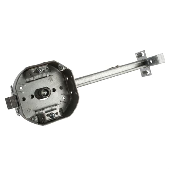 Octagon Box, 15.8 Cubic Inches, 4 Inch Diameter x 1-1/2 Inches Deep, 1/2 Inch Knockouts, Pre-Galvanized Steel, Drawn Construction, with Non-Metallic Cable Clamps (C-5) and Bar Adjustable Bar Hanger 14-1/2 Inch to 26-1/2 Inch with Fastener, For use with Non-Metallic Sheathed Cable