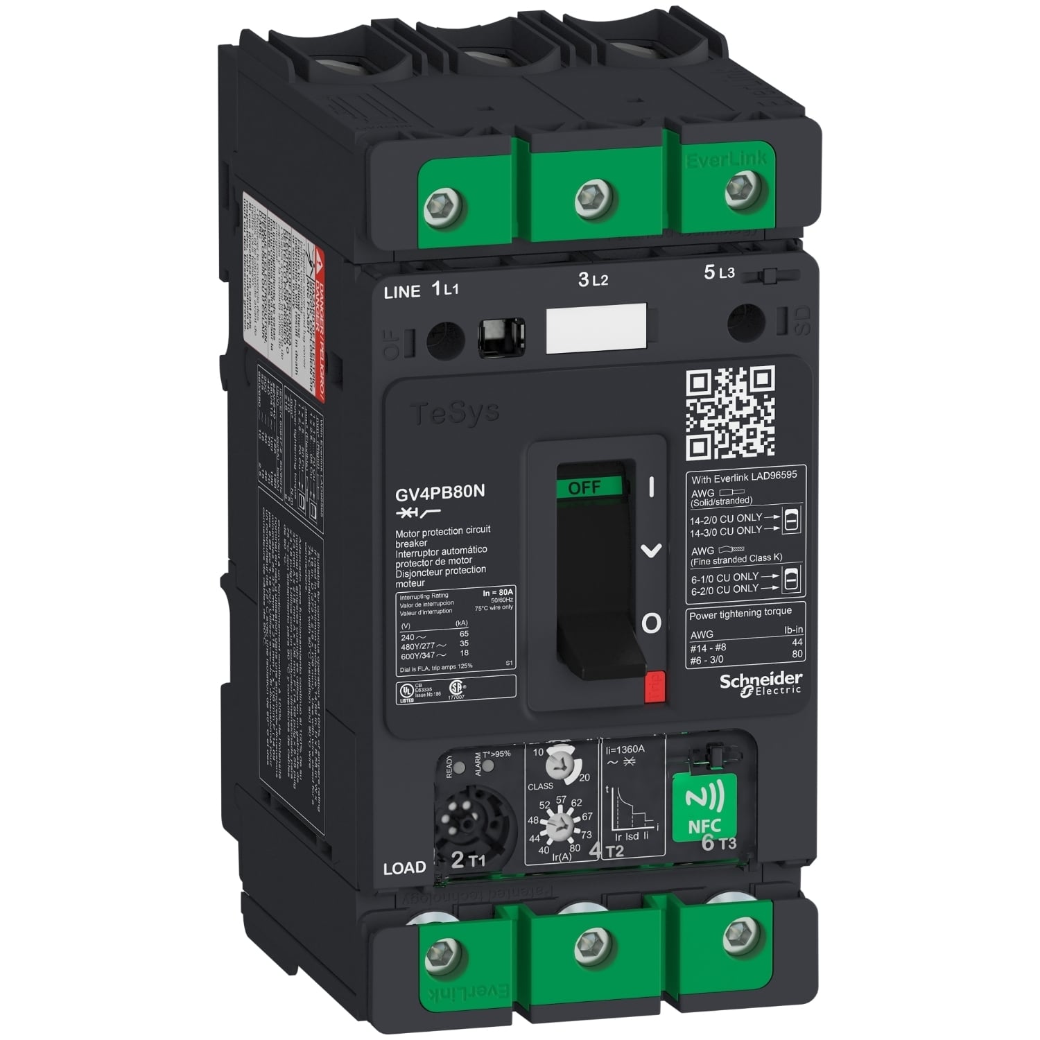 Motor circuit breaker, TeSys Deca, 3P, 80A, Icu 50kA, thermal magnetic, multifunction, UL489