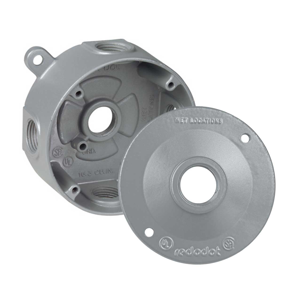 Ceiling Fan Outlet Box, 17 Cubic Inches, 4-1/8 Inch Diameter, Hub Size 1/2 Inch, Silver, Aluminum, with 5 Outlets, Four on the Sides and One in Back
