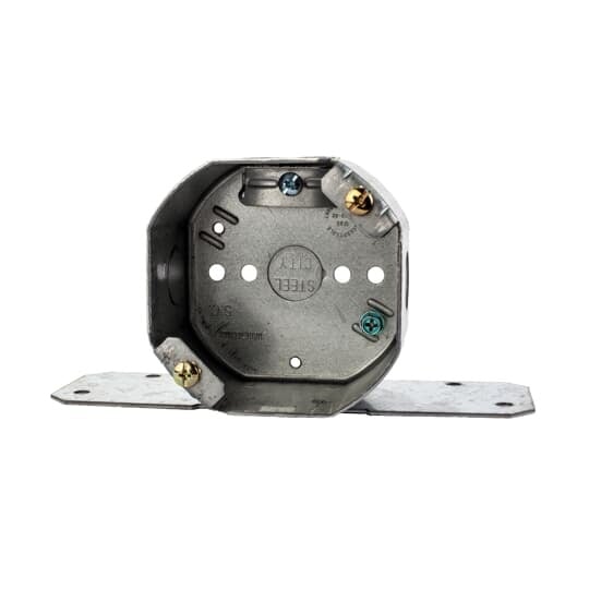 Octagon Ceiling Fan Support Box, 22.5 Cubic Inches, 4 Inch Diameter x 2-1/8 Inches Deep, 1/2 Inch Knockouts, Pre-Galvanized Steel, Drawn Construction, Non-Metallic Cable Clamp (C-5) and F Bracket, For use with Non-Metallic Sheathed Cable