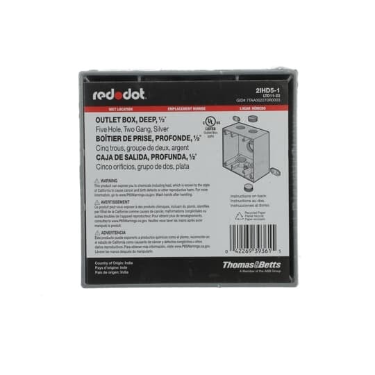 Two Gang Deep Universal Weatherproof Box, 42 Cubic Inches, Hub Size 1/2 Inch, Silver, Aluminum Alloy, 5 Outlets with 2 on Top and Bottom and 1 on Back