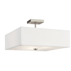 The Shailene(TM) 18in; 3 light square semi flush features a classic look with its clean lines in Brushed Nickel finish and satin etched white diffuser and micro fiber shade. The Shailene semi flush works in several aesthetic environments, including traditional and transitional.