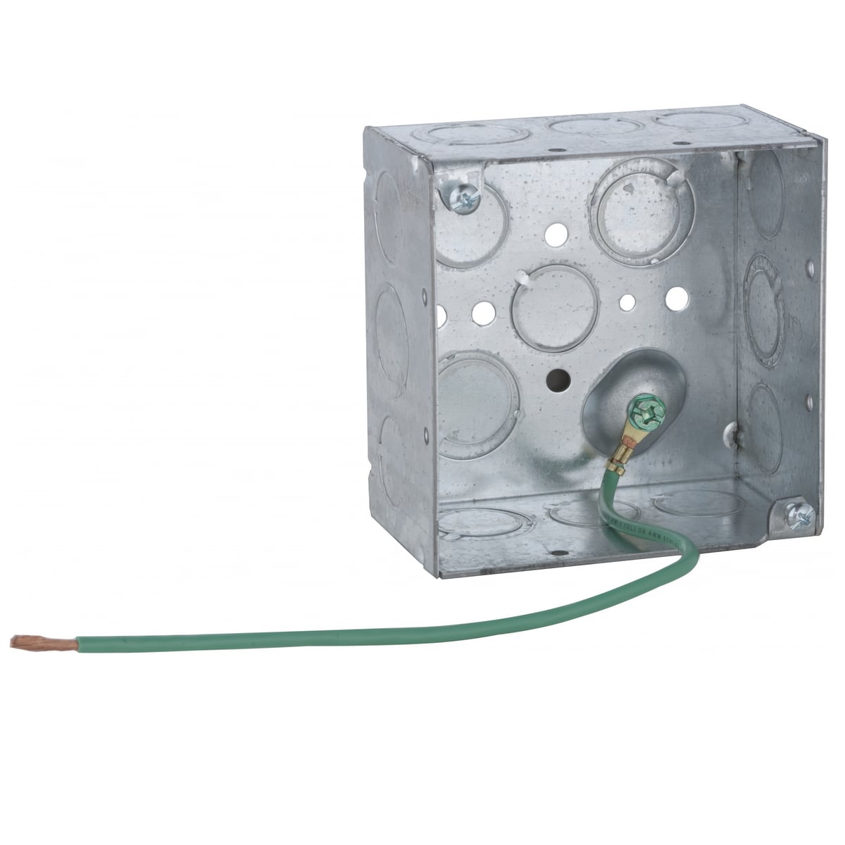 4 In. Square Boxes, 2-1/8 In. Deep - Welded with Conduit KO's, 600V,Raised Ground, 10 In. #12 Stranded Copper Pigtail
