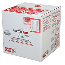 Dimensions: 22x22x22" Capacity: 70 lbs. of unsorted computers, peripherals, monitors, TVs, home electronics, office electronics, printers, toner cartridges, cell phones, and personal electronics. Includes: Recycling container, 5.5 mil vapor barrier liner, liner tie, instructions, terms and conditions, proof of purchase, prepaid return shipping with label, recycling and online certificate of acceptance for recycling. Restrictions: Lower 48 contiguous states only. Not for export.