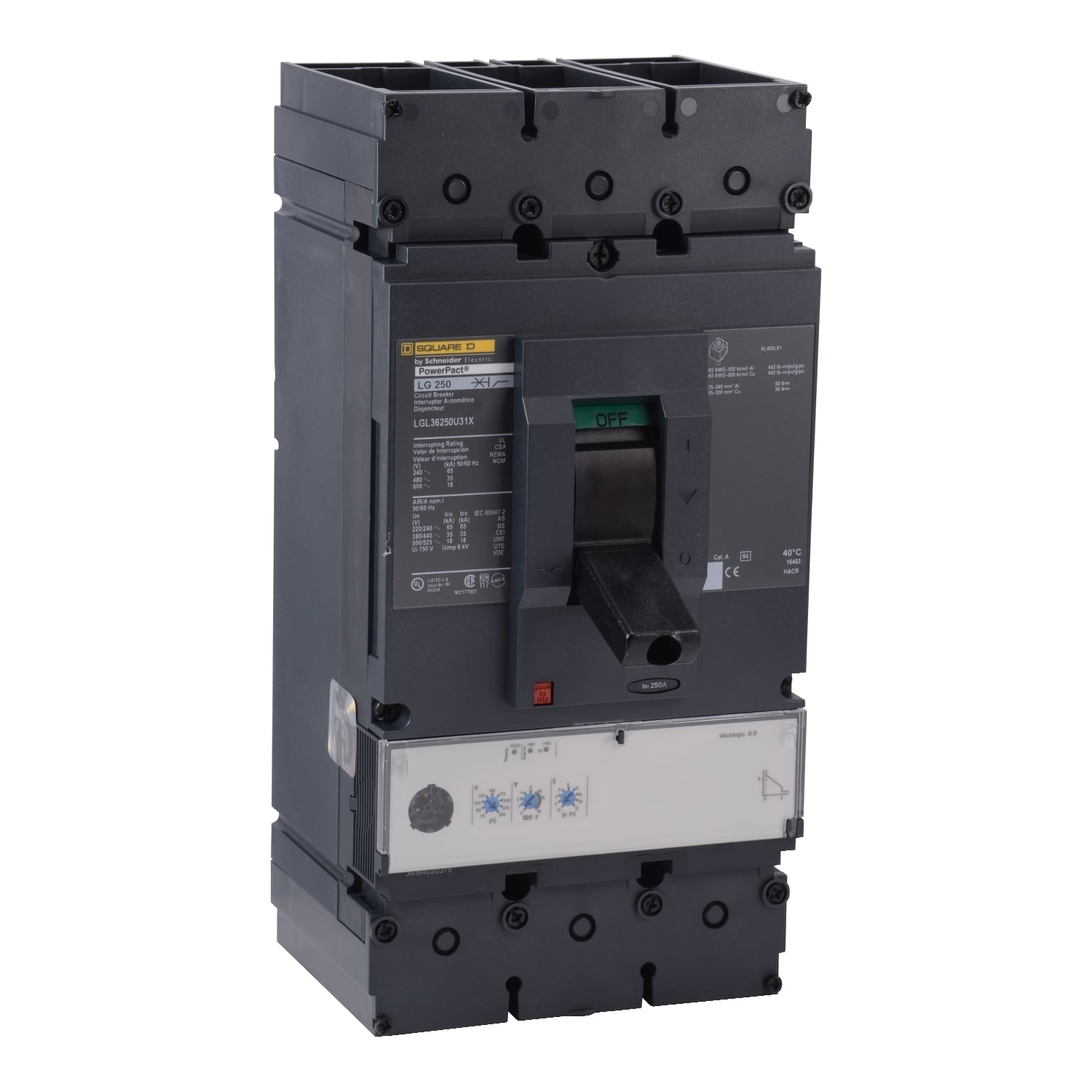 Circuit breaker, PowerPacT L, 250A, 3 pole, 600VAC, 18kA, lugs, MicroLogic 3.3, 80%