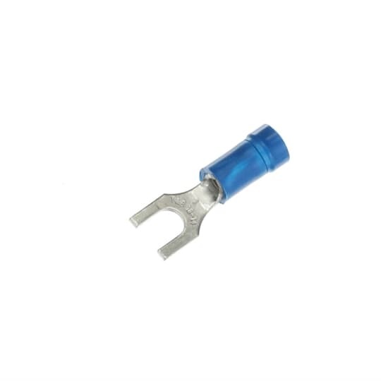 Expanded Vinyl-Insulated Fork Terminal, Length .97 Inches, Width .31 Inches, Maximum Insulation .200, Bolt Hole #8, Wire Range #18-#14 AWG, Color Blue, Copper, Tin Plated