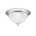 Utilizing the timeless Brushed Nickel finish with Etched seedy glass cover, this flush mount ceiling fixture is perfect for any room or hallway. Its 3-light design employs 60-watt (max.) bulbs, with the fixture measuring 15.5in; in diameter with a body height of 8in;.