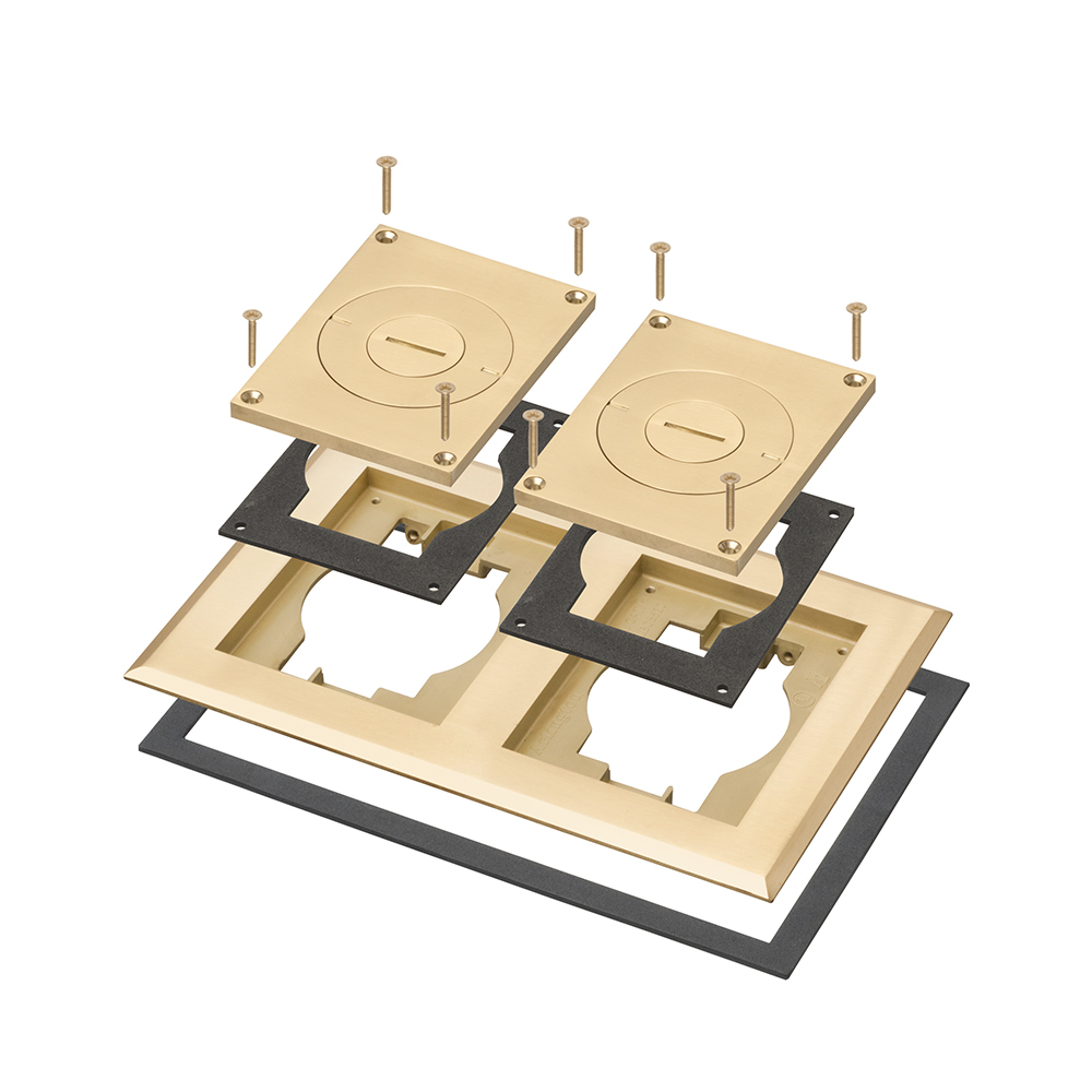 Plated Brass, two gang frame and cover with furniture feed inserts. Includes two gang frame with gasket, (2) gasketed covers with combo 2" and 3/4" threaded holes and mounting screws.