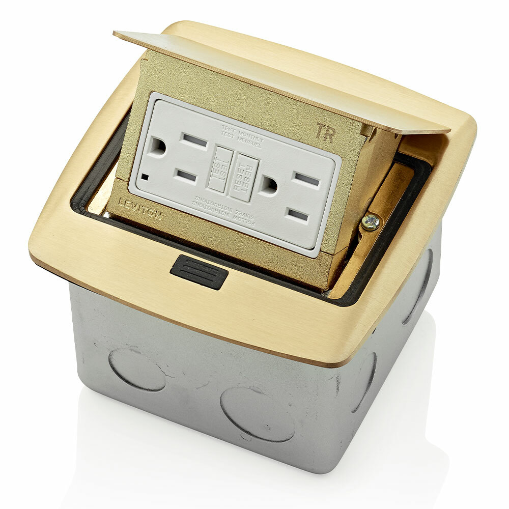 Pop-Up Floor Box with 15 Amp, 125 Volt Receptacle-Outlet, 20 Amp Feed-Through, Tamper-Resistant, Self-Test SmartlockPro GFCI that is pre-wired to terminal block - Brass