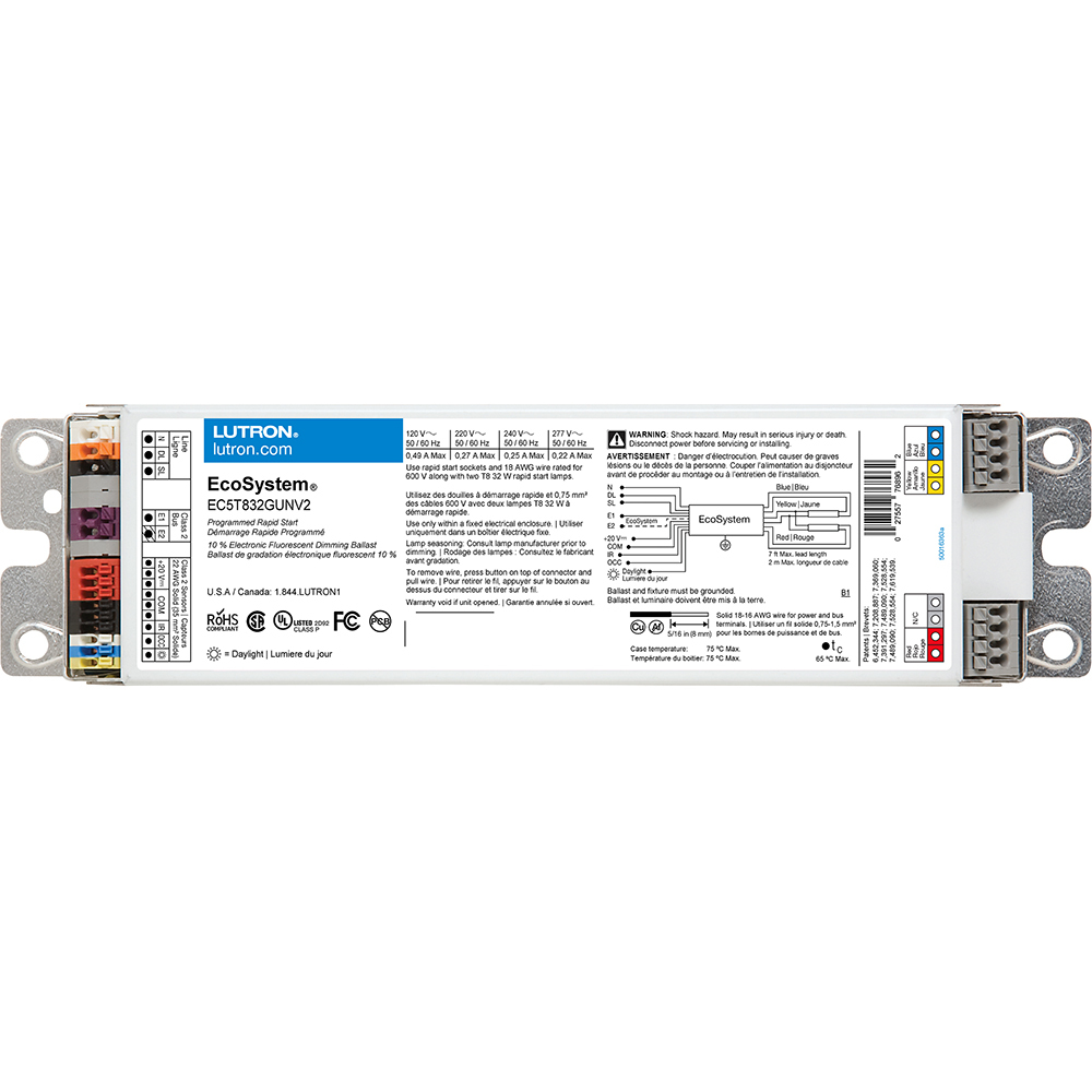 EcoSystem 10 percent 3-Wire and EcoSystem Digital Link Controlled T8 Linear and U-Bent 2 lamps, ballast factor of 0.85, G-can 32W/120/240V/277V